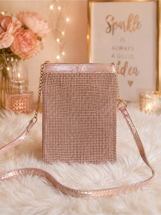 Handbags - Jessica McClintock Rose Gold Rhinestone Crossbody Bag NWT
